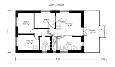 Небольшой одноэтажный дом с просторной верандой E110 - План первого этажа