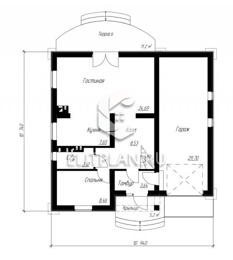 Проект одноэтажного дома с мансардой и гаражом E128 - План первого этажа