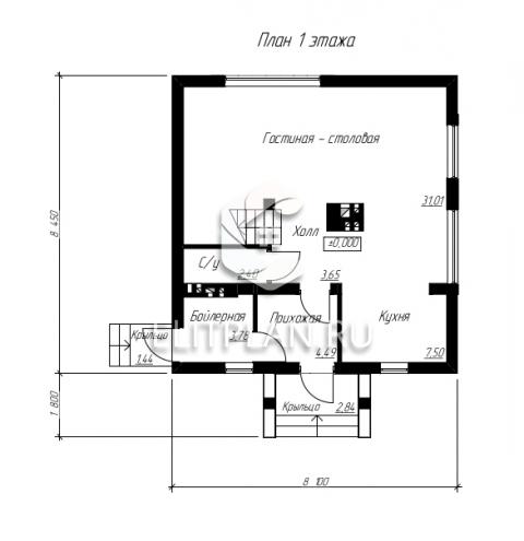 Проект компактного двухэтажного дома E16 - План первого этажа