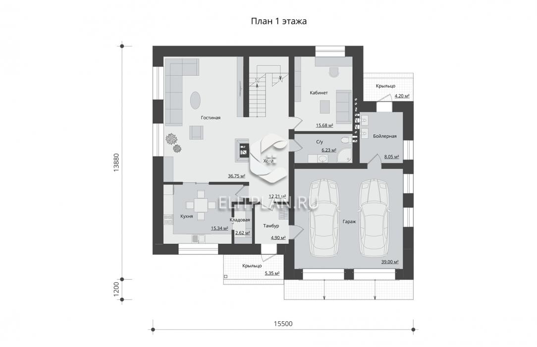 Проект особняка c цоколем и большим гаражом E160 - План первого этажа