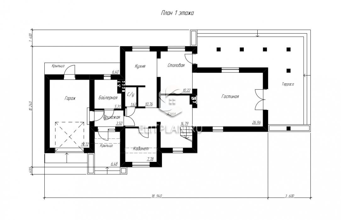 Проект двухэтажного дома с крытой террасой E177 - План первого этажа