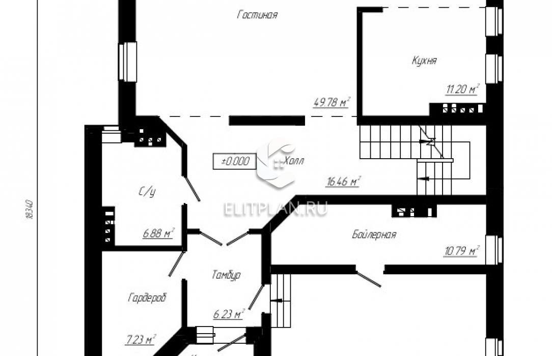Двухэтажный дом с подвалом, бассейном, гаражом на 2 машины E184 - План первого этажа