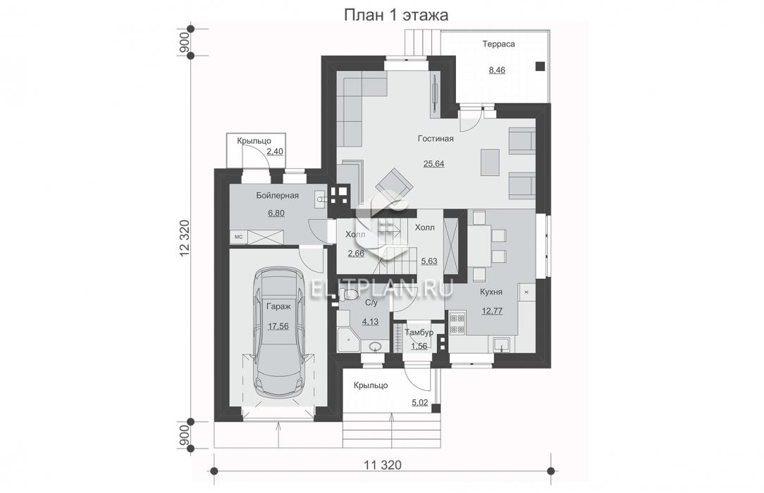 Одноэтажный жилой дом с мансардой и гаражом E206 - План первого этажа