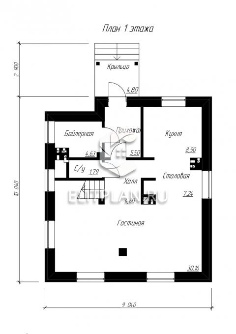 Проект двухэтажного дома с большой гостиной E60 - План первого этажа