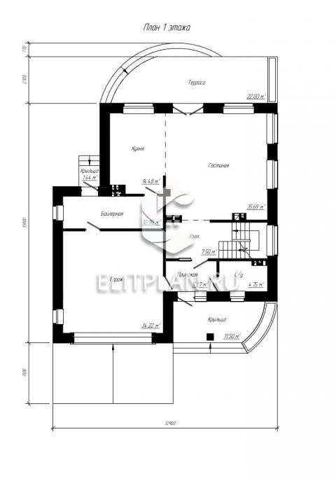 Проект двухэтажного дома с подвалом и гаражом на две машины E78 - План первого этажа