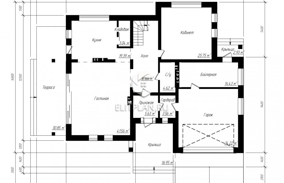 Проект двухэтажного дома с гаражом E1 - План первого этажа