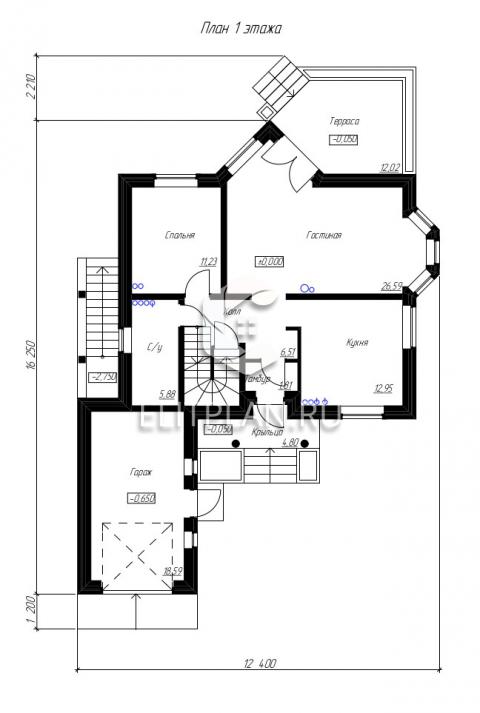 Проект комфортного одноэтажного дома с мансардой и подвалом E102 - План первого этажа