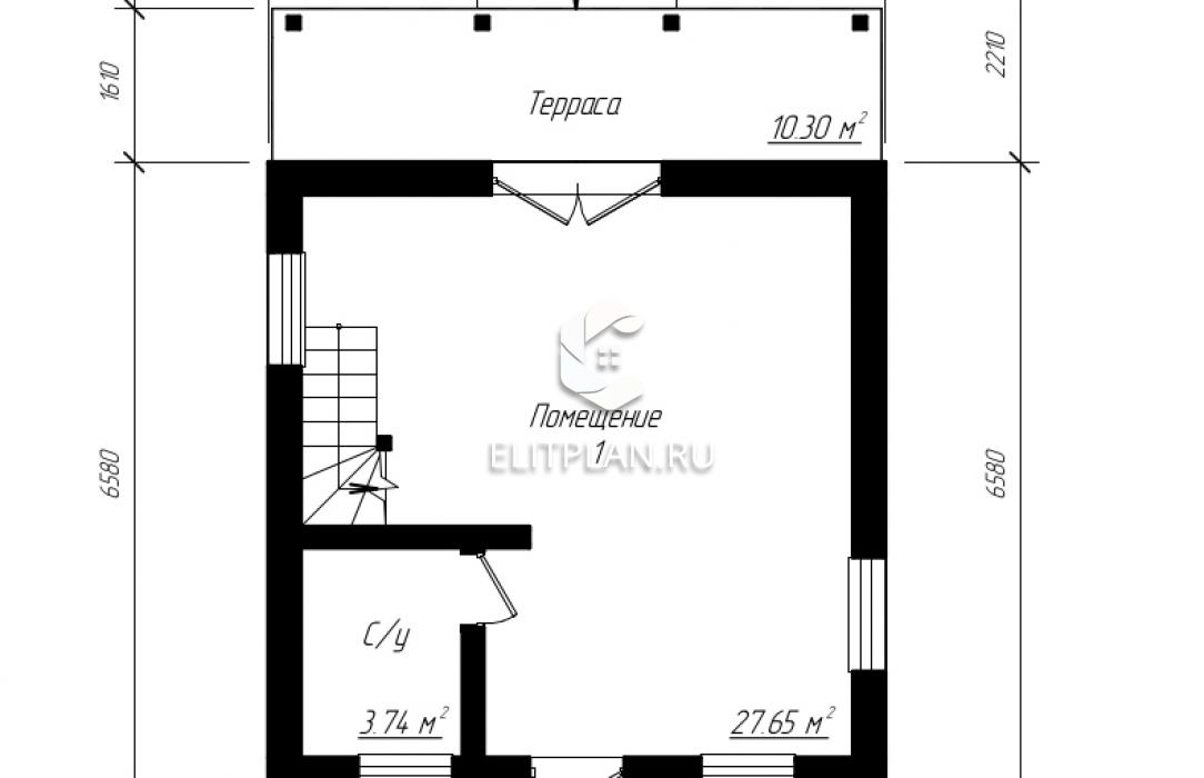 Проект коттеджа с мансардой с отделкой клинкерной плиткой и деревом E111 - План первого этажа