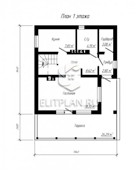 Компактный одноэтажный дом с мансардой E137 - План первого этажа