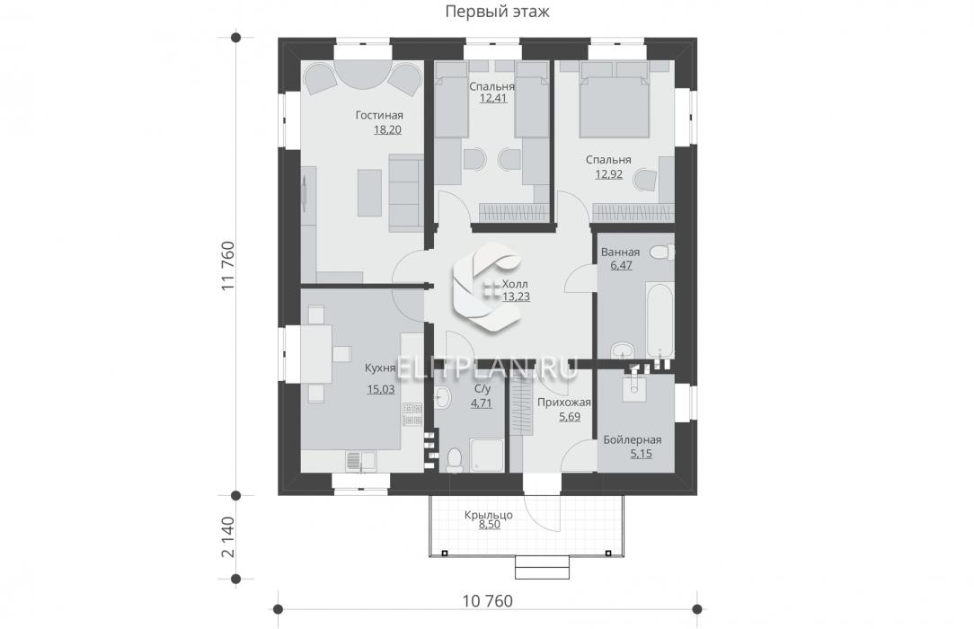 Проект уютного одноэтажного дома. E144 - План первого этажа