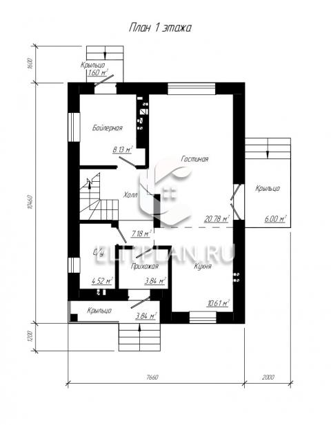 Проект компактного одноэтажного дома с мансардой E145 - План первого этажа