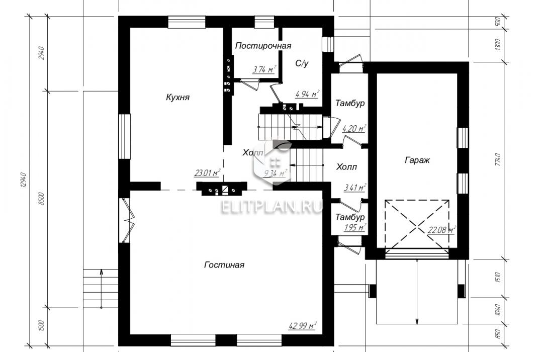 Популярный проект коттеджа с мансардой E163 - План первого этажа