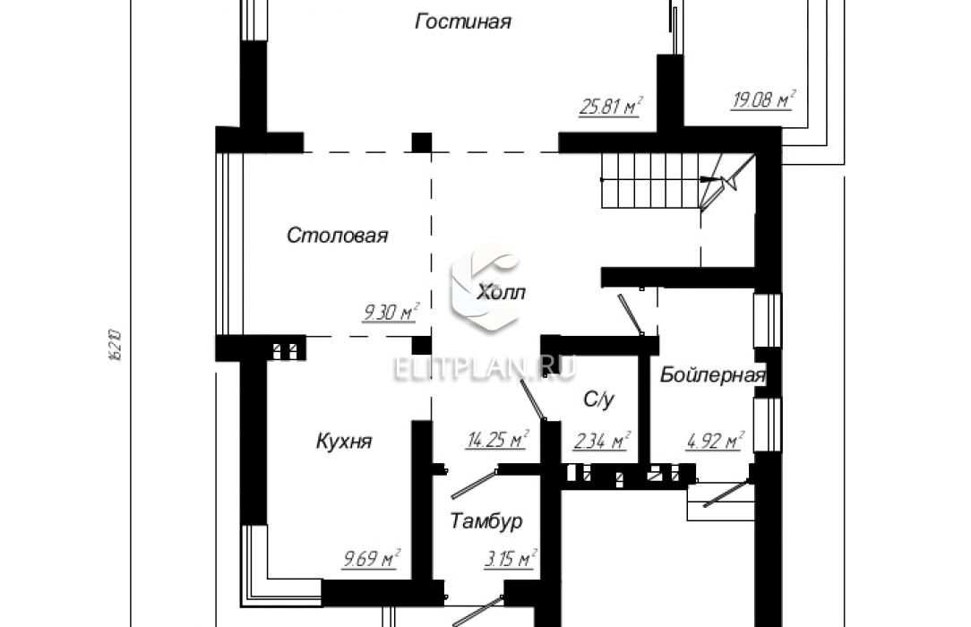 Проект двухэтажного дома с гаражом E167 - План первого этажа