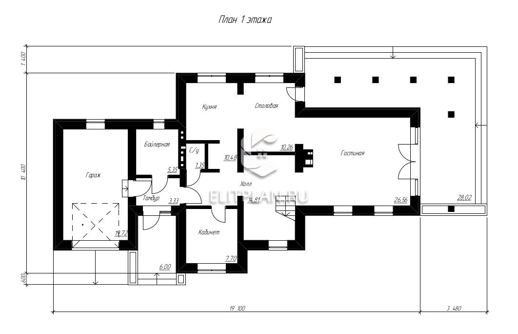 Проект двухэтажного дома с необычной террасой E168 - План первого этажа