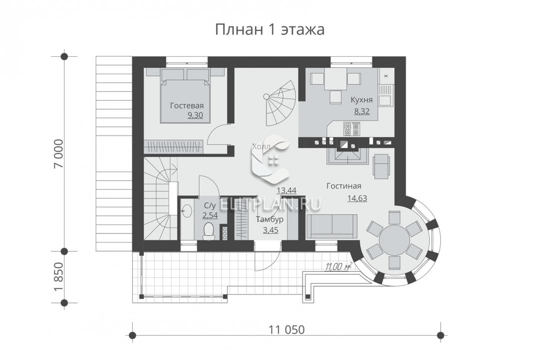 Проект двухэтажного дома с цокольным этажом E171 - План первого этажа