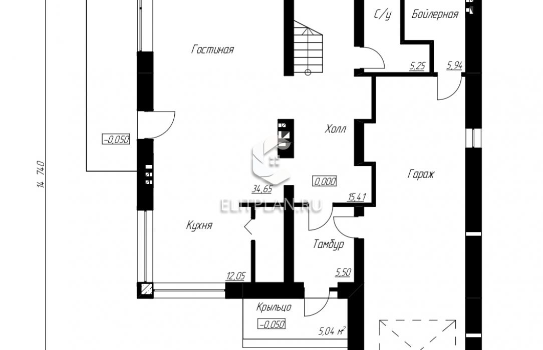 Проект двухэтажного дома с гаражом и террасой E172 - План первого этажа