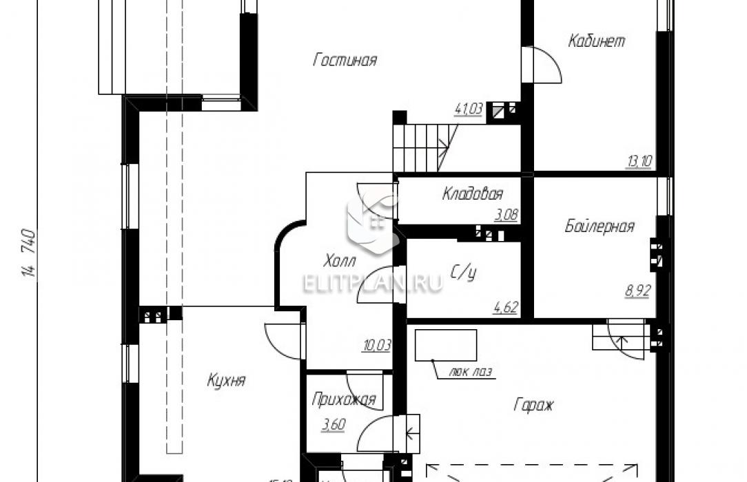 Проект двухэтажного дома с подвалом и большим гаражом E182 - План первого этажа