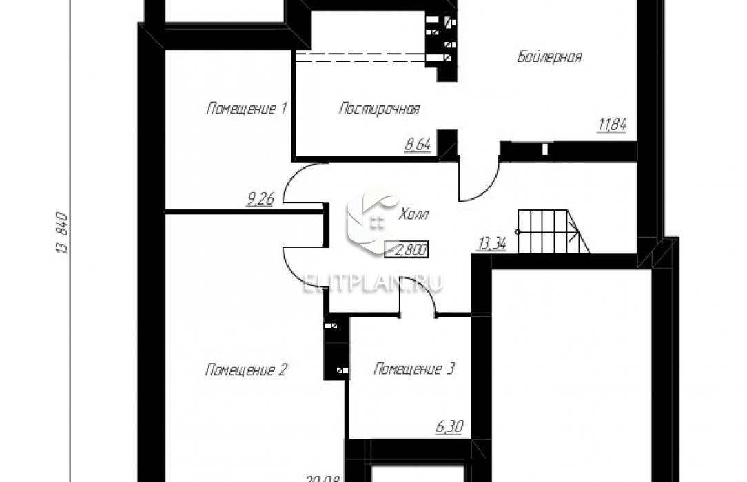 Двухэтажный дом с мансардой, подвалом, гаражом, террасой и балконом E185 - План цокольного этажа
