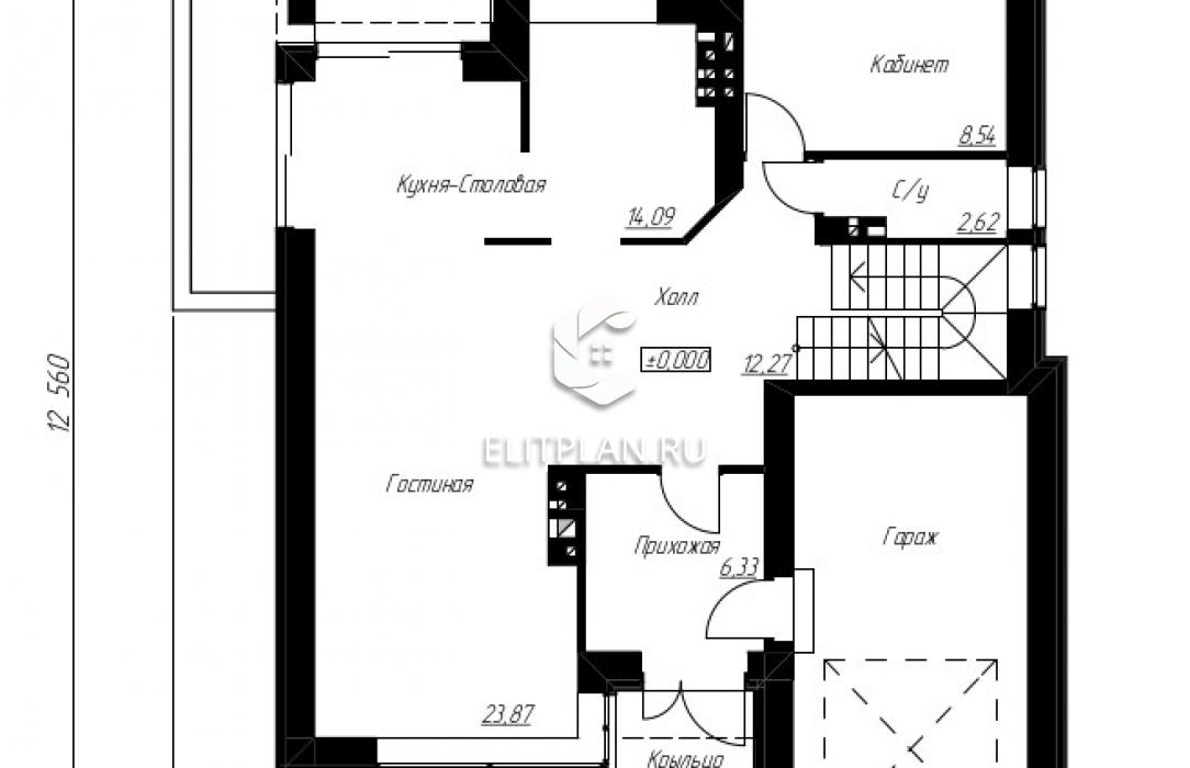 Двухэтажный дом с мансардой, подвалом, гаражом, террасой и балконом E185 - План первого этажа