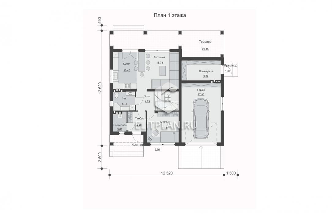 Одноэтажный дом с подвалом, террасой и мансардой E203 - План первого этажа