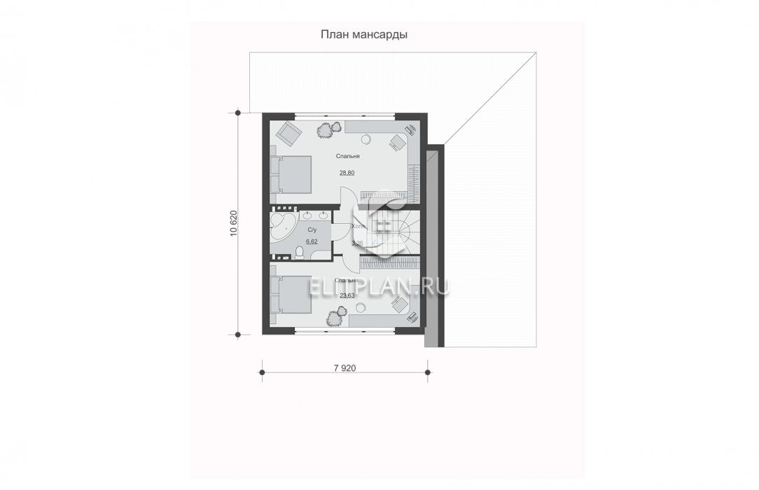 Одноэтажный дом с подвалом, террасой и мансардой E203 - План мансардного этажа