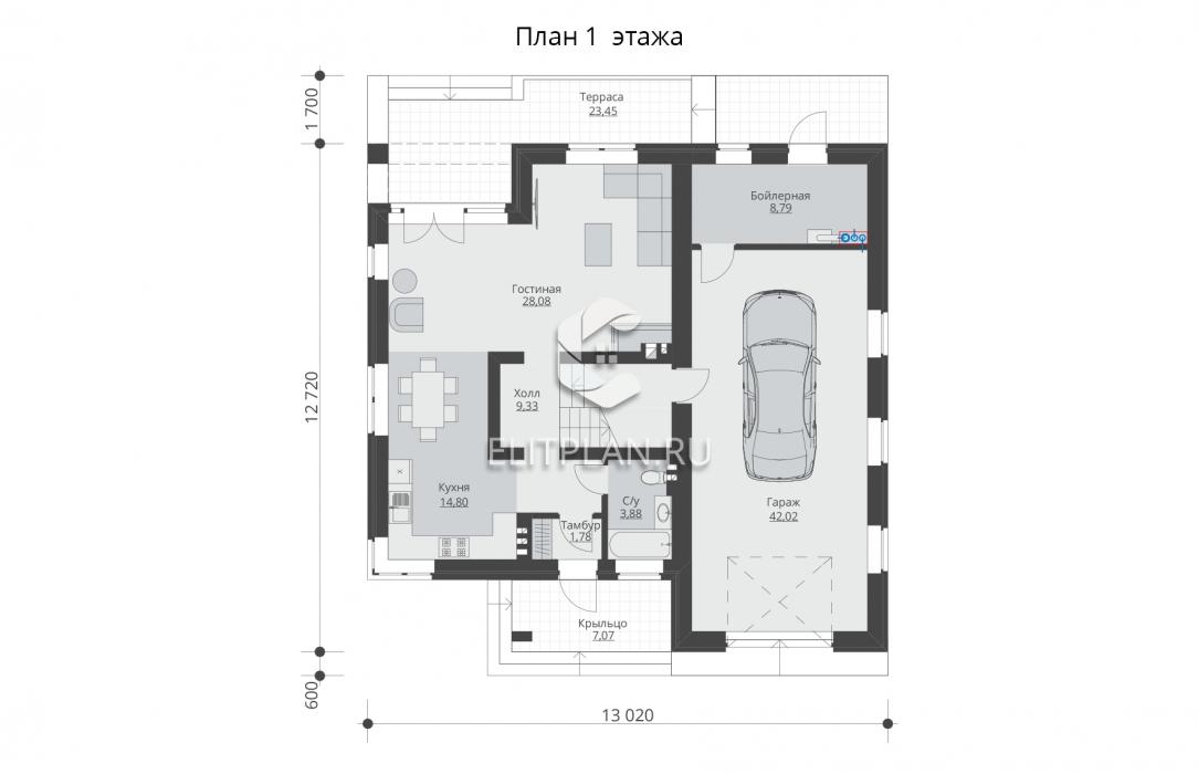 Двухэтажный дом с гаражом и террасой E204 - План первого этажа