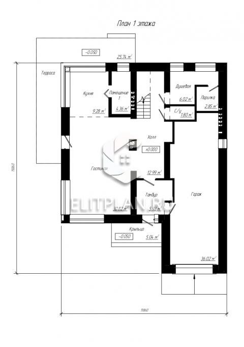 Проект двухэтажного дома с гаражом и витражами E22 - План первого этажа