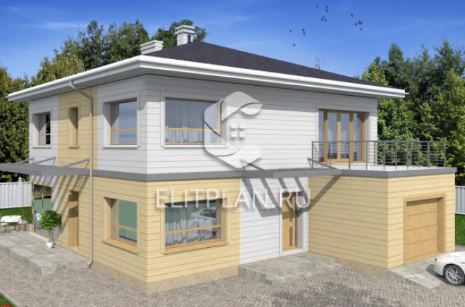 Проект двухэтажного дома с гаражом и витражами E22