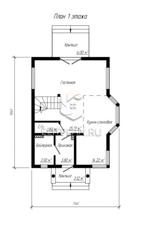 Проект одноэтажного дома с мансардой и эркером E23 - План первого этажа