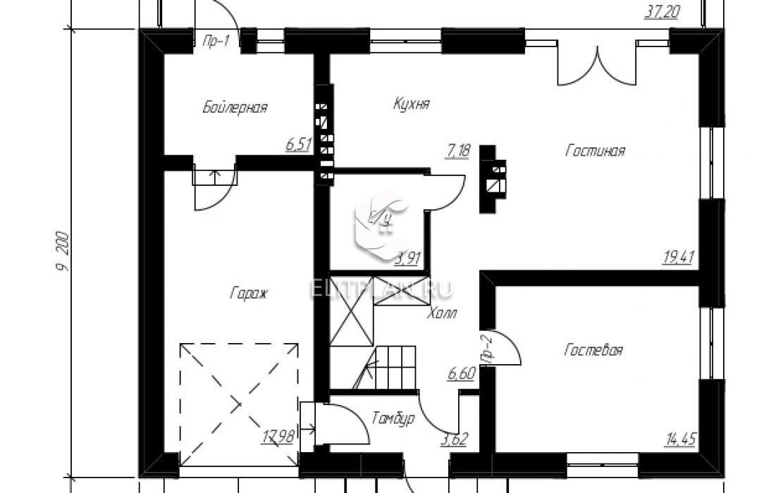 Проект дома с мансардой и просторной террасой E3 - План первого этажа