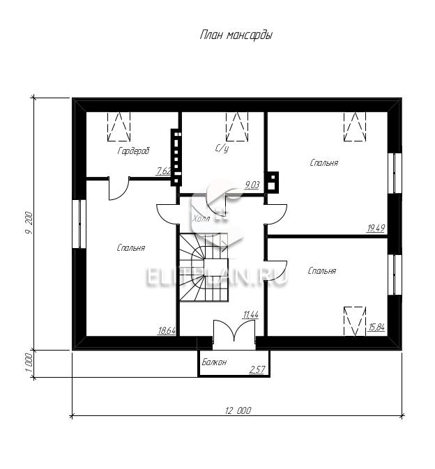 Проект дома с мансардой и просторной террасой E3 - План мансардного этажа