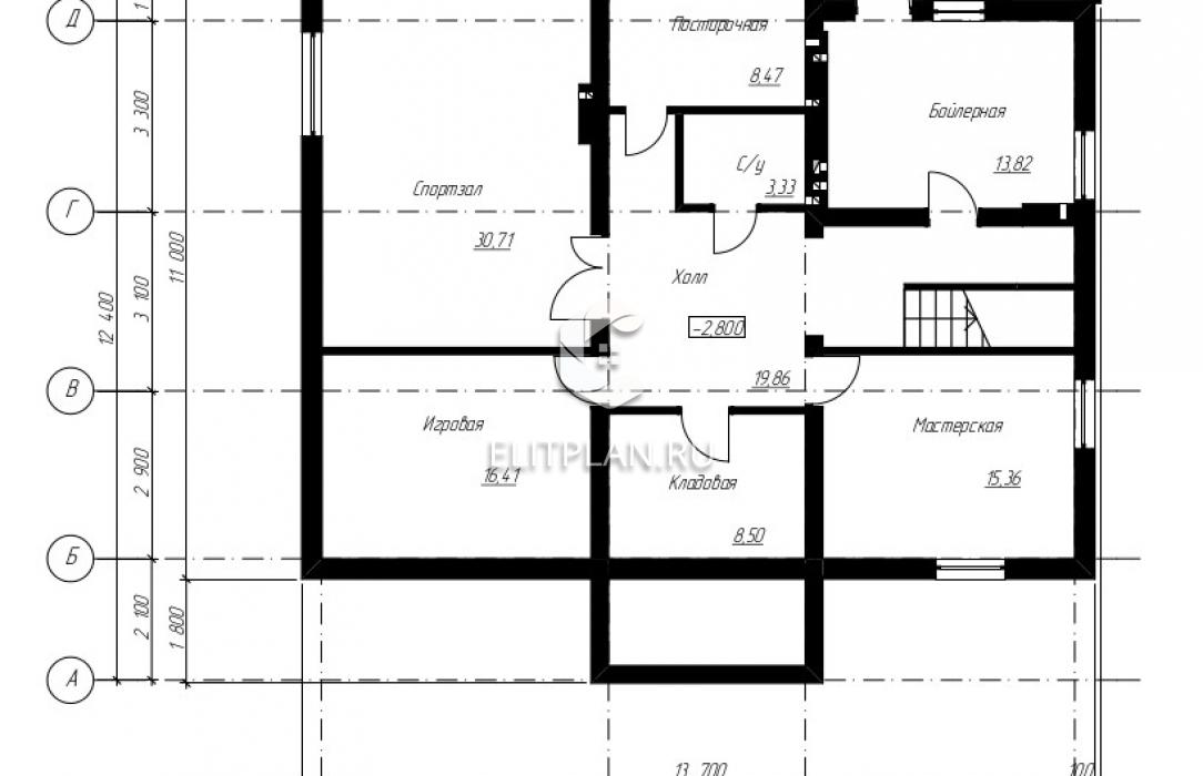 Проект стильного двухэтажного дома с цоколем. E33 - План цокольного этажа