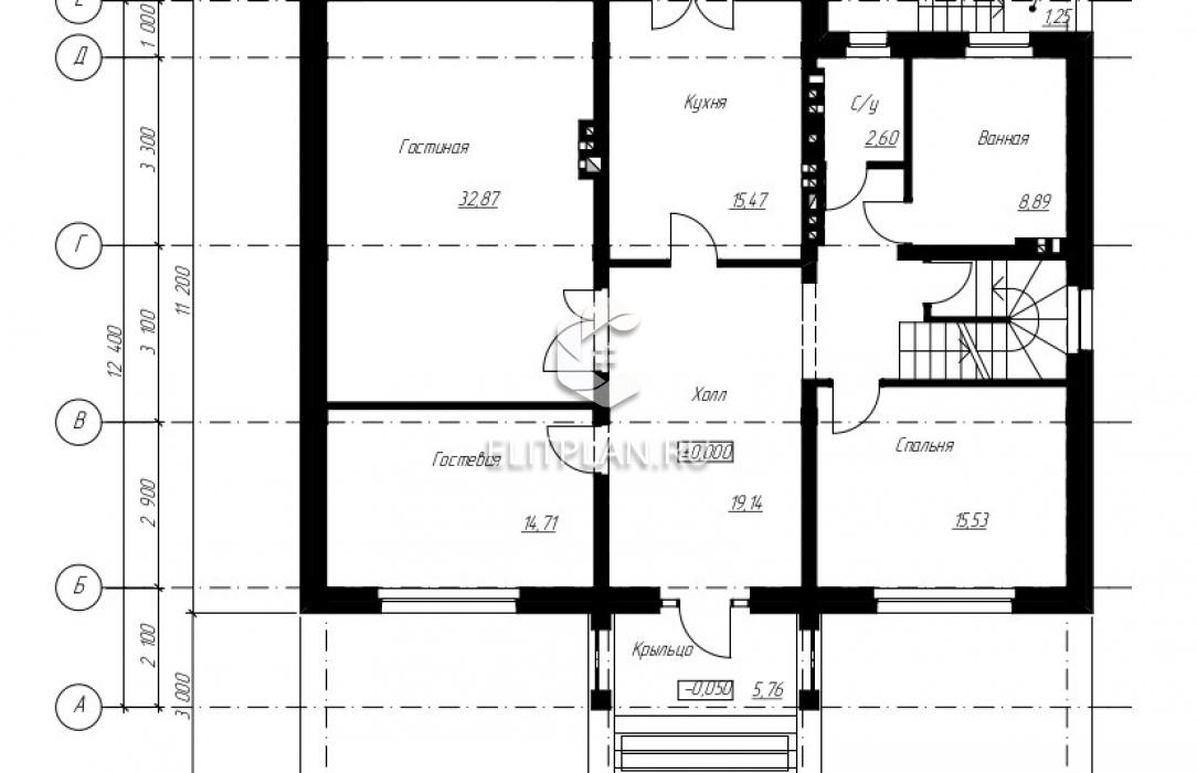 Проект стильного двухэтажного дома с цоколем. E33 - План первого этажа