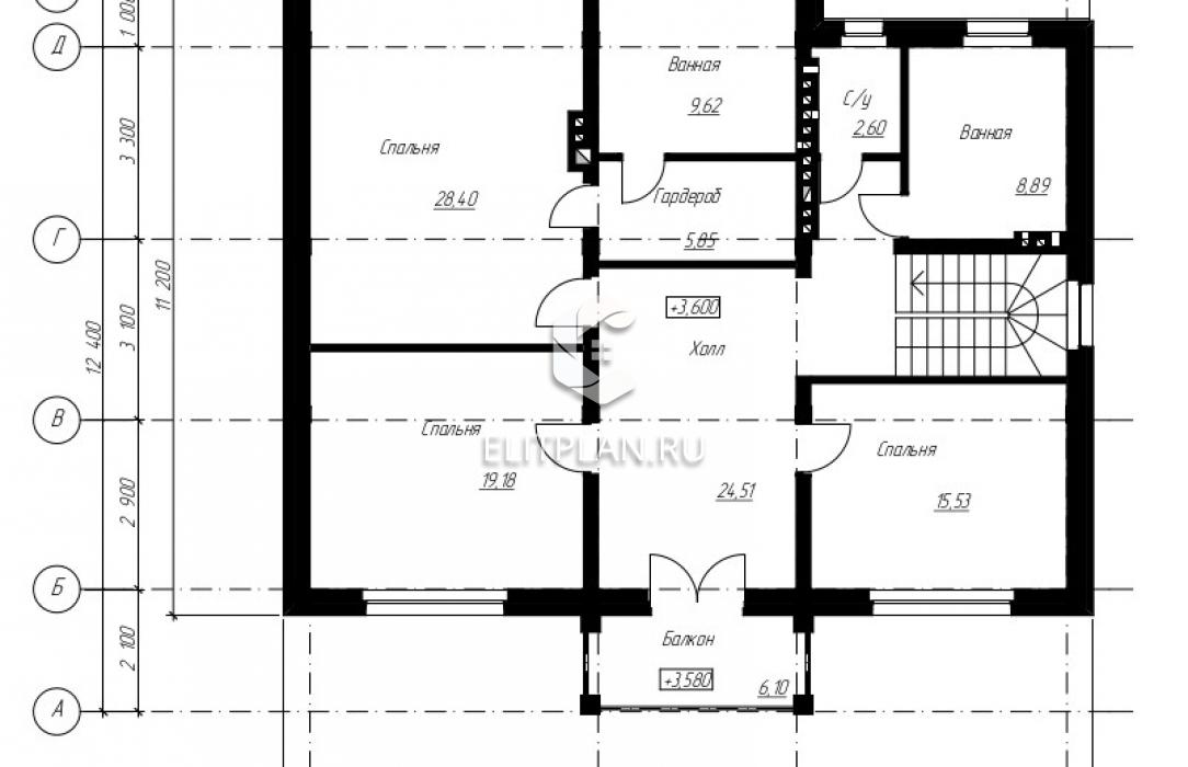 Проект стильного двухэтажного дома с цоколем. E33 - План второго этажа