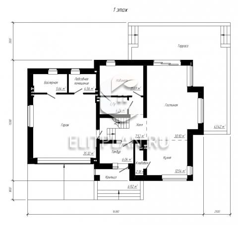 Проект одноэтажного дома с мансардой, террасой и гаражом на две машины E35 - План первого этажа
