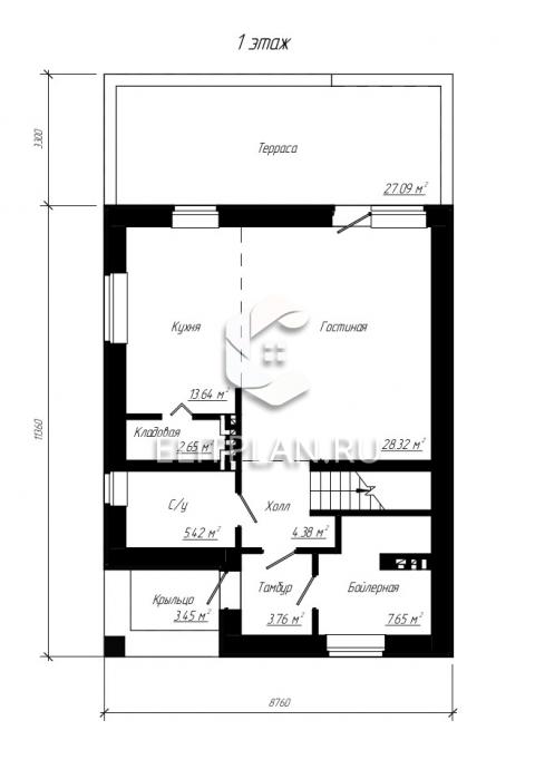 Проект компактного двухэтажного дома с террасой E37 - План первого этажа