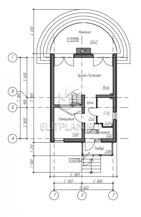 Проект скромного одноэтажного дома с мансардой E38 - План первого этажа