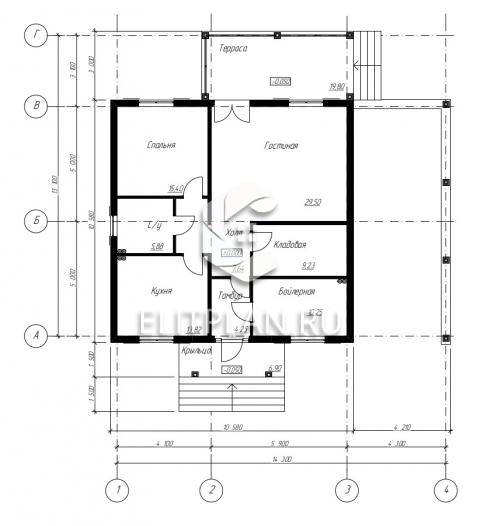 Проект стильного одноэтажного дома с навесом для автомобиля E39 - План первого этажа