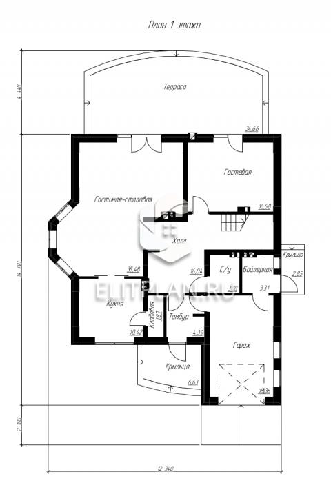 Проект одноэтажного дома с мансардой и гаражом E53 - План первого этажа