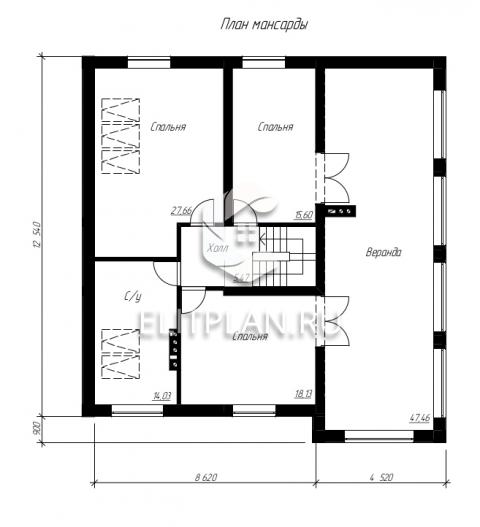 Проект одноэтажного дома с мансардой E54 - План мансардного этажа