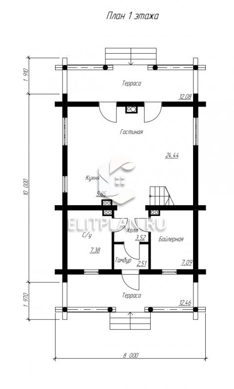 Проект деревянного одноэтажного дома с мансардой E57 - План первого этажа