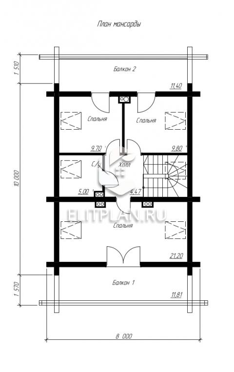 Проект деревянного одноэтажного дома с мансардой E57 - План мансардного этажа
