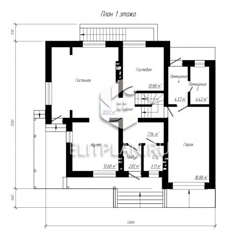 Проект одноэтажного дома с цокольным этажом и мансардой E58 - План первого этажа