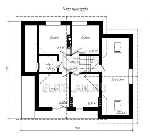 Проект одноэтажного дома с цокольным этажом и мансардой E58 - План мансардного этажа