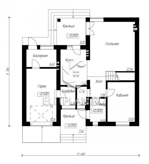 Проект двухэтажного дома с террасой над гаражом E64 - План первого этажа