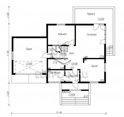 Проект одноэтажного дома с мансардой E75 - План первого этажа