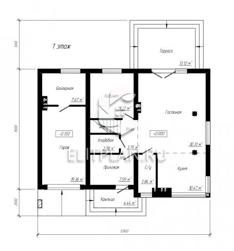 Проект двухэтажного дома с гаражом и террасой E81 - План первого этажа