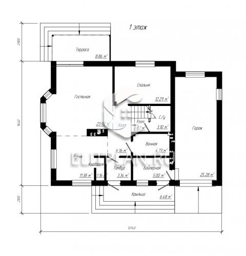 Проект дома с мансардой, эркером и террасой E82 - План первого этажа