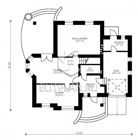 Проект оригинального одноэтажного дома с мансардой и гаражом E92 - План первого этажа